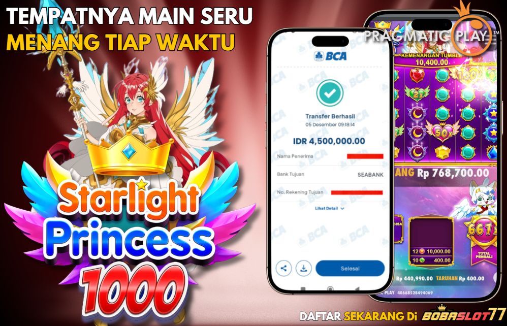 Selamat kepada user id : su***gi Wede Rp 4.500.000 di Game STARLIGHT PRINCESS 1000 PRAGMATIC PLAY Cair Gk Sampe 1 Menit! Menang Mudah di Bobaslot77
